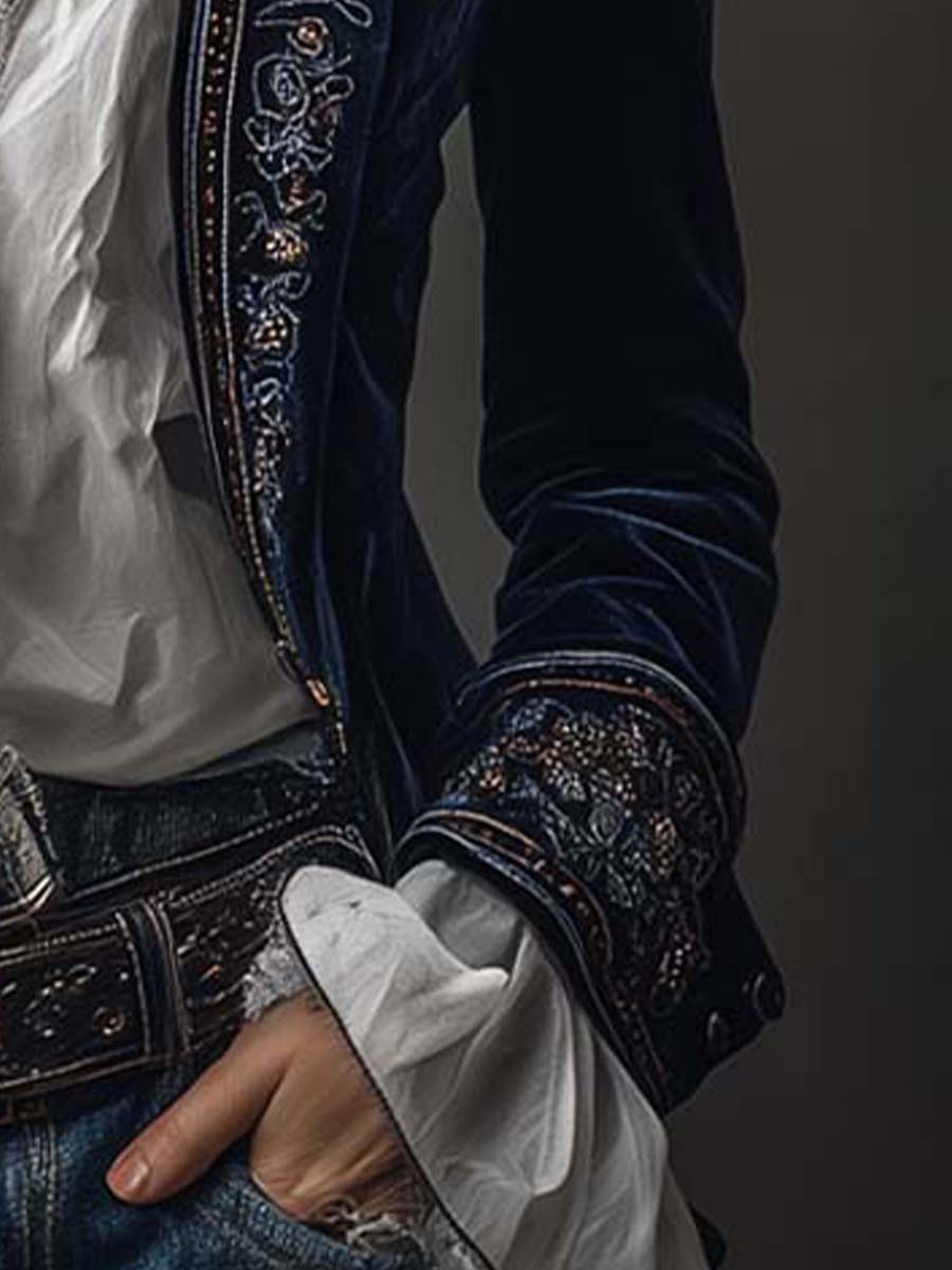 Federica | Veste longue vintage en velours bleu marine avec broderies