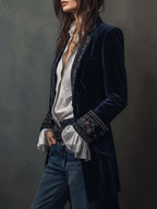 Federica | Veste longue vintage en velours bleu marine avec broderies