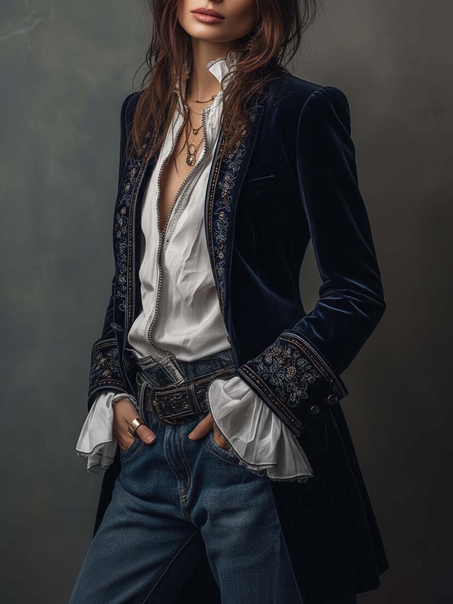 Federica | Veste longue vintage en velours bleu marine avec broderies