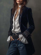 Federica | Veste longue vintage en velours bleu marine avec broderies