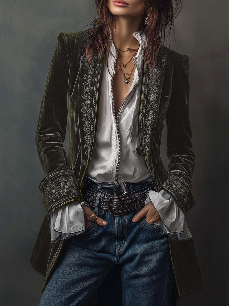 Federica | Veste longue vintage en velours bleu marine avec broderies