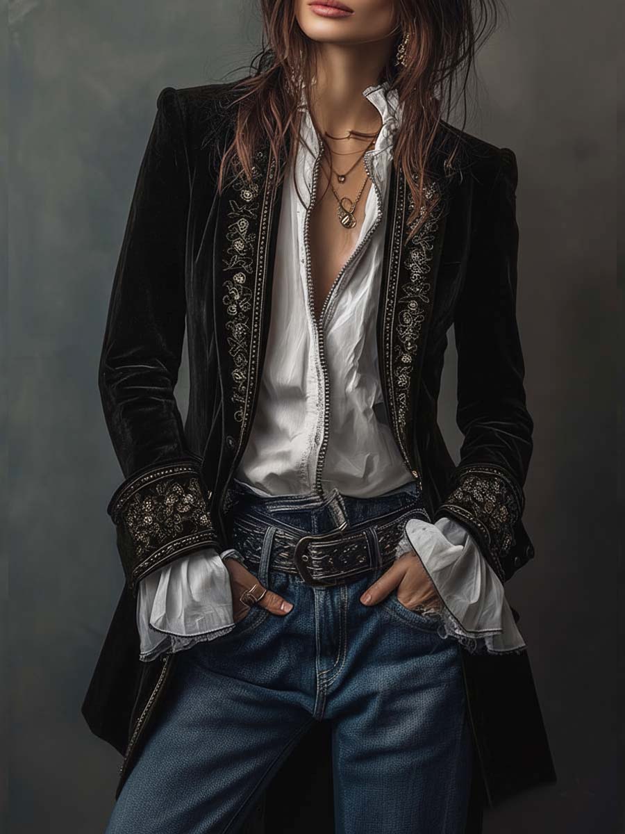 Federica | Veste longue vintage en velours bleu marine avec broderies