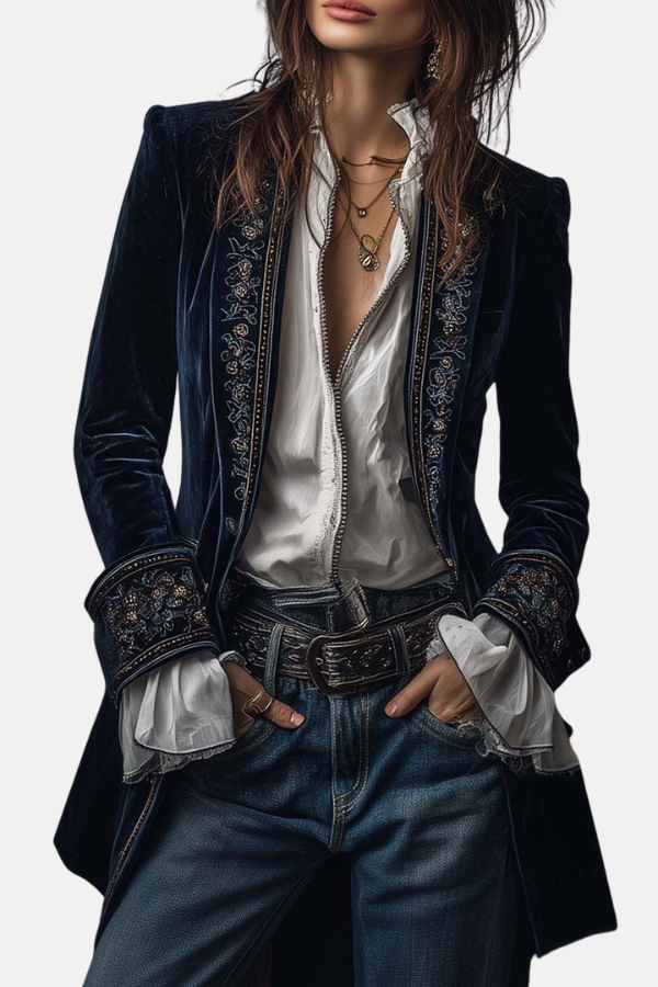 Federica | Veste longue vintage en velours bleu marine avec broderies