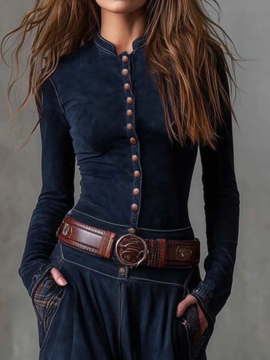 Leonora | Robe longue vintage en suédine à carreaux bleu marine (ceinture incluse)