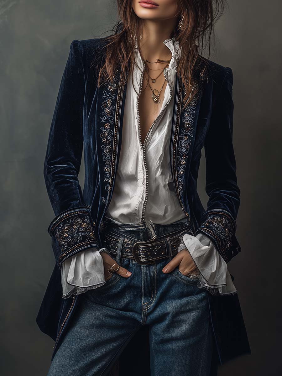 Federica | Veste longue vintage en velours bleu marine avec broderies